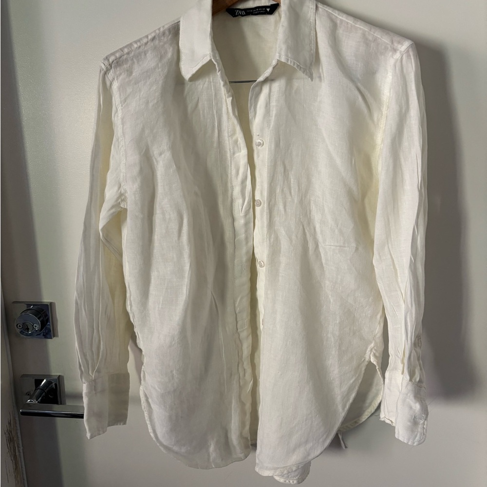 Zara White Casual Button Down Shirt Lightweight Classic